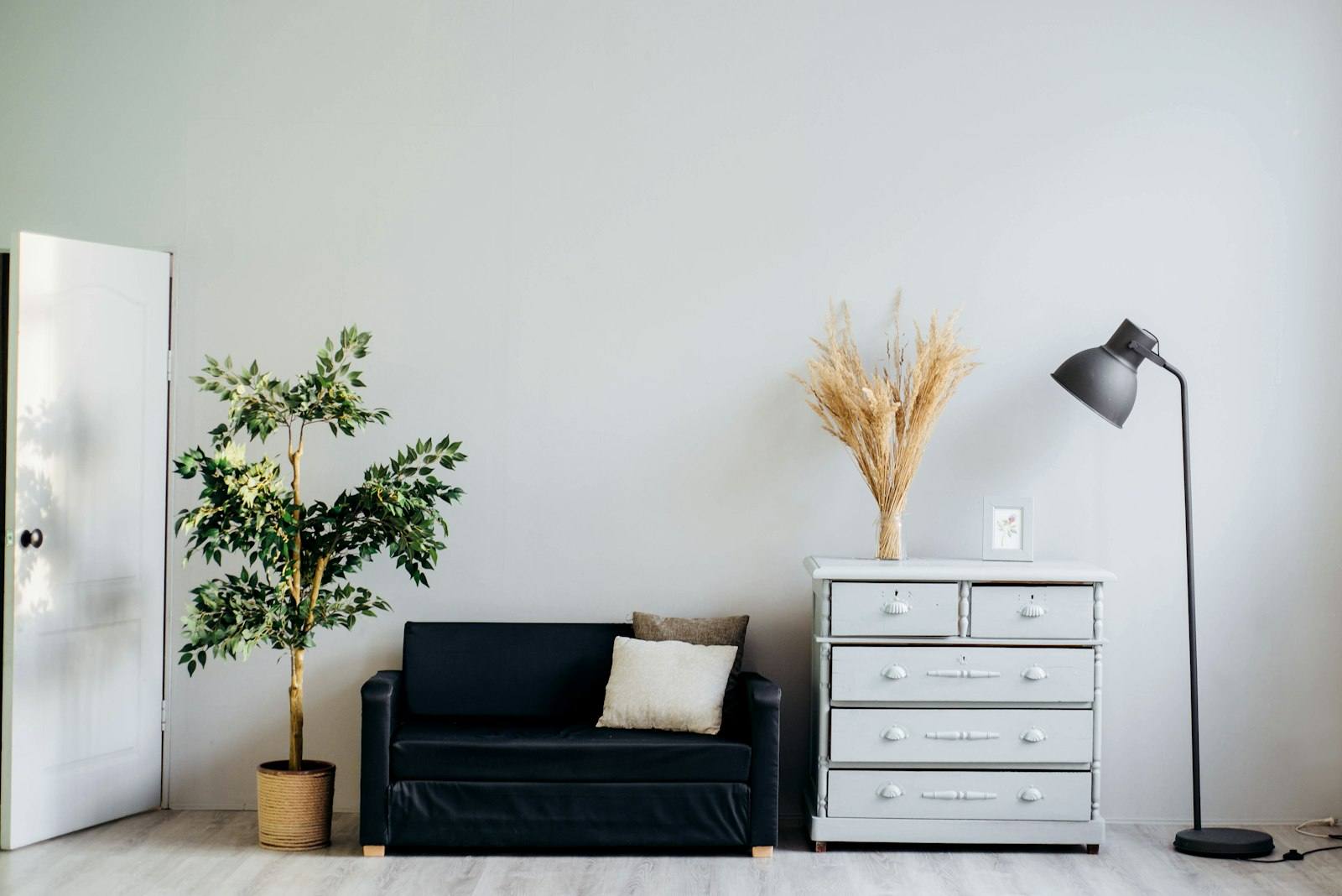 Calm, uncluttered room at home with a lamp and plants
